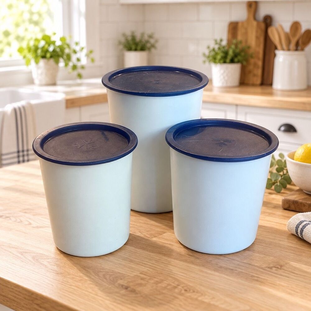 Tupperware One Touch Nesting Canisters White with Blue Lids Set of READ